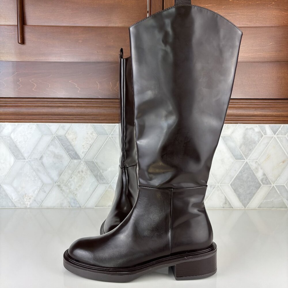 39/9 Dark Brown Walnut Round Toe Block Heel Wide Sole Knee High Pull On Zip Boot - Picture 9 of 16